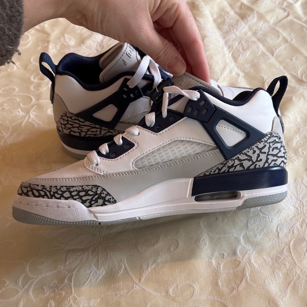Jordan Kids White and Navy Basketball Sneakers with Grey Elephant Print - Picture 8 of 9
